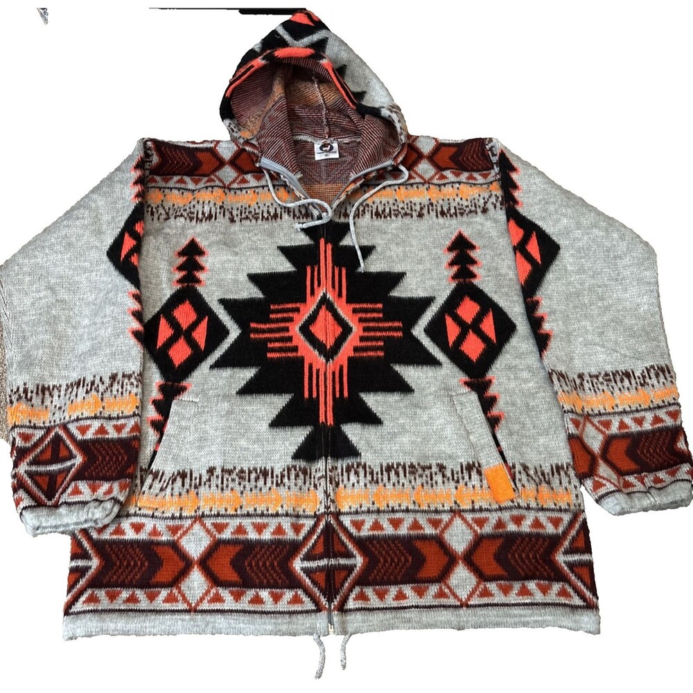 Indian Creations Wool Hoodie Jacket/Sweater Mens XL Alpaca Aztec Southwestern